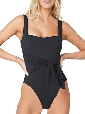 l*space Black Textured One-Piece Swimsuit with Waist Tie